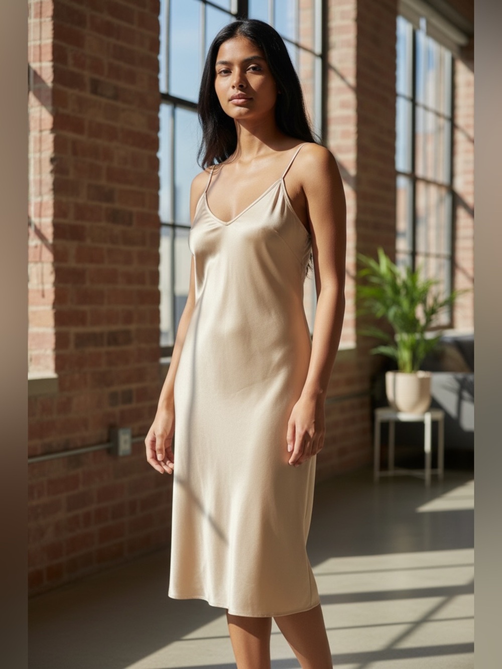 Velvet by Graham & Spencer Beige Silky Slip Maxi Dress